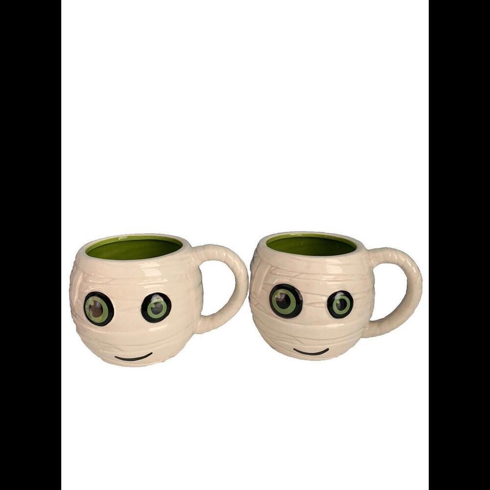 NWT (2) Boston Warehouse 2015 Halloween MUMMY Porcelain Coffee Mug Cup Set New